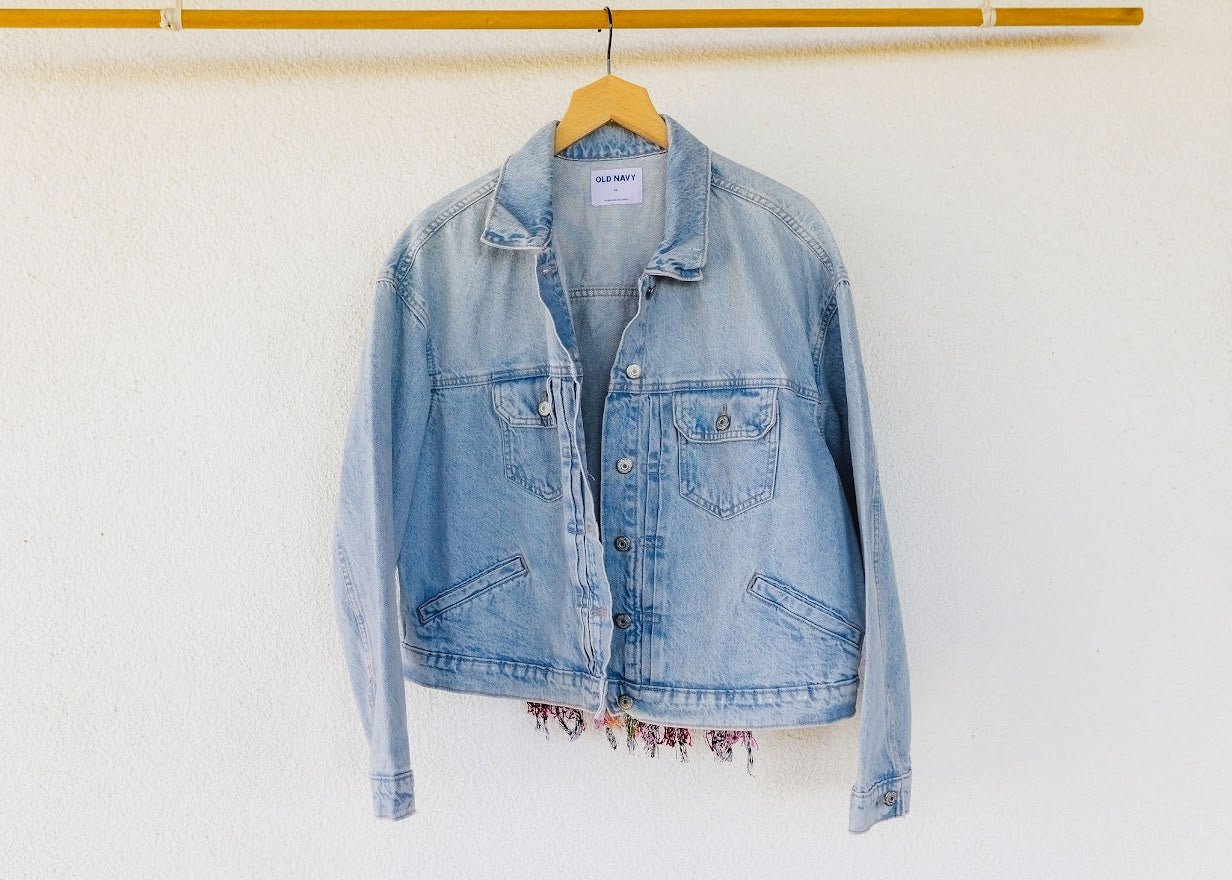 Biker Denim Jacket with Vintage Huipil - Tesoros Maya