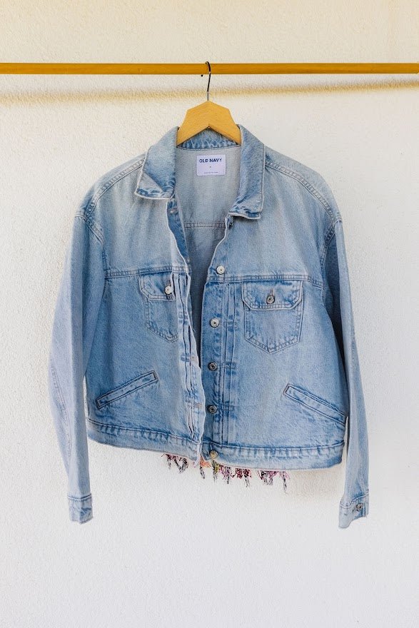 Biker Denim Jacket with Vintage Huipil - Tesoros Maya