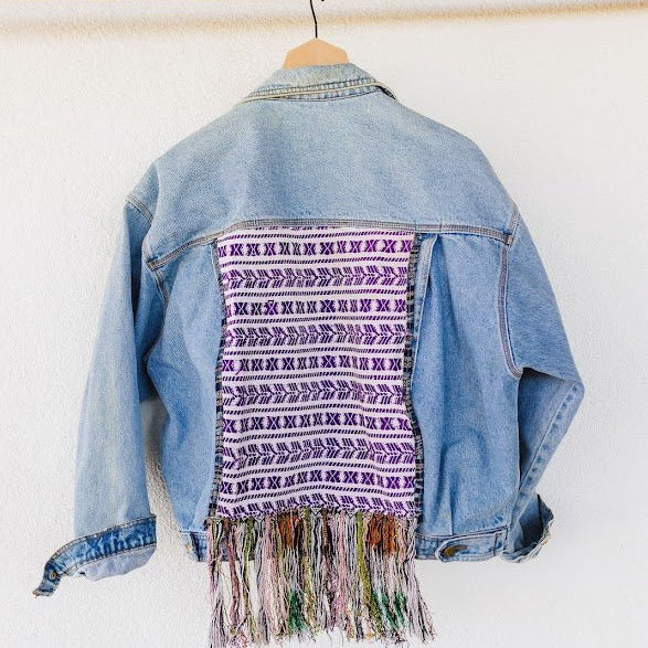 Biker Denim Jacket with Vintage Huipil - Tesoros Maya