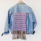 Biker Denim Jacket with Vintage Huipil - Tesoros Maya