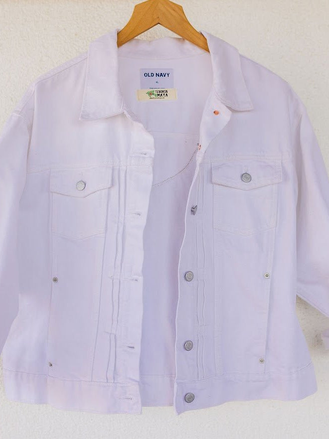 Cropped White-Wash Jean Jacket for Women with Vintage Huipil -XL - Tesoros Maya