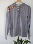 Floral Hand-embroidered Fitted Jersey Full-Zip Hoodie - Tesoros Maya