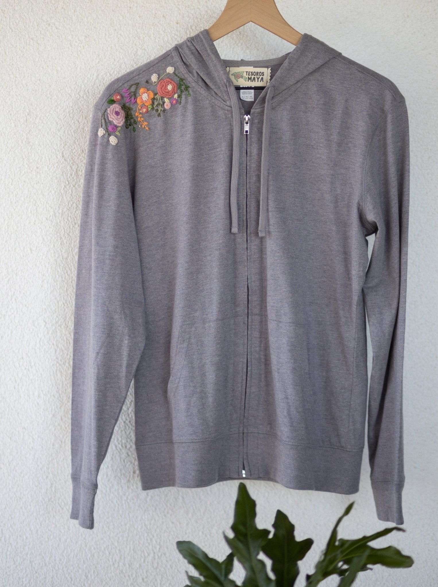 Floral Hand-embroidered Fitted Jersey Full-Zip Hoodie - Tesoros Maya