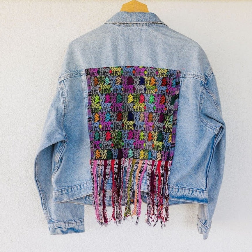Oversized Cropped Light Wash Rigid Denim Jean Jacket with Vintage Huipil - Tesoros Maya