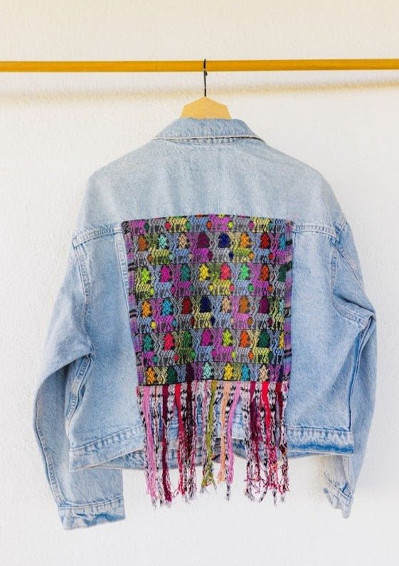 Oversized Cropped Light Wash Rigid Denim Jean Jacket with Vintage Huipil - Tesoros Maya