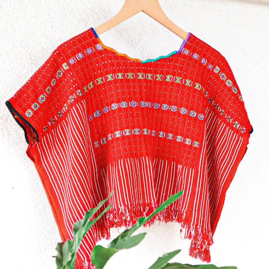 Hand-Woven outlet Guatemalan Vintage Huipil, Red Floral & Cat Embroidered Authentic Blouse 33