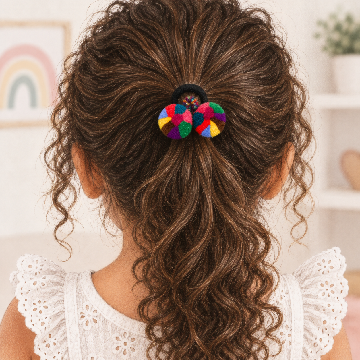 Soft Rainbow Chajul Tocoyal pom-pom hair tie with coral, pink, teal, yellow, green, lavender, and brown textile poms on a black band
