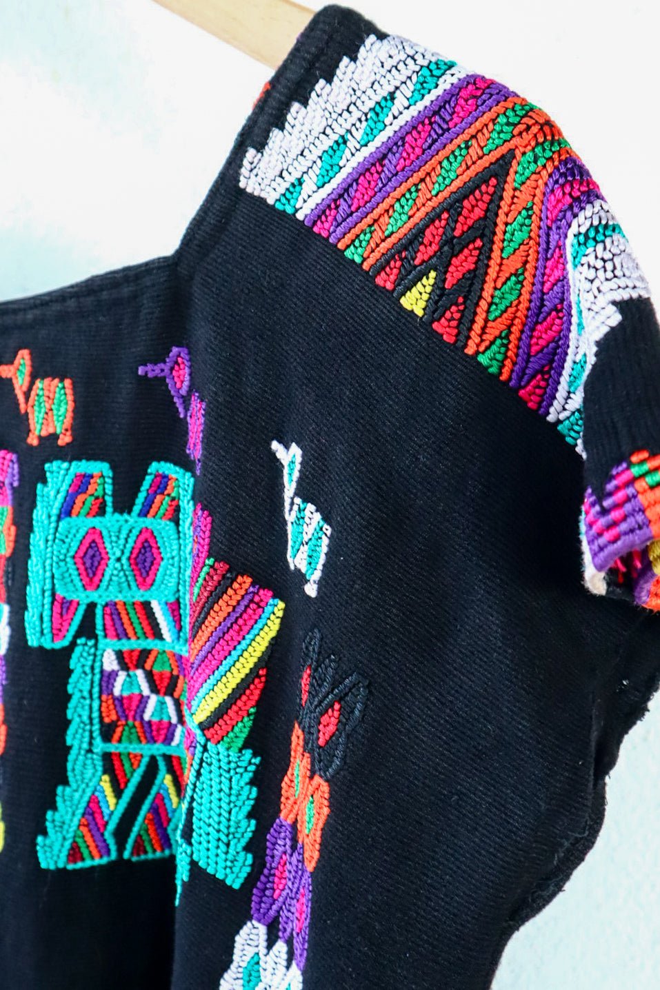 Black Guatemalan huipil hanging against a white wall with colorful woven motifs and green leaves in the foreground