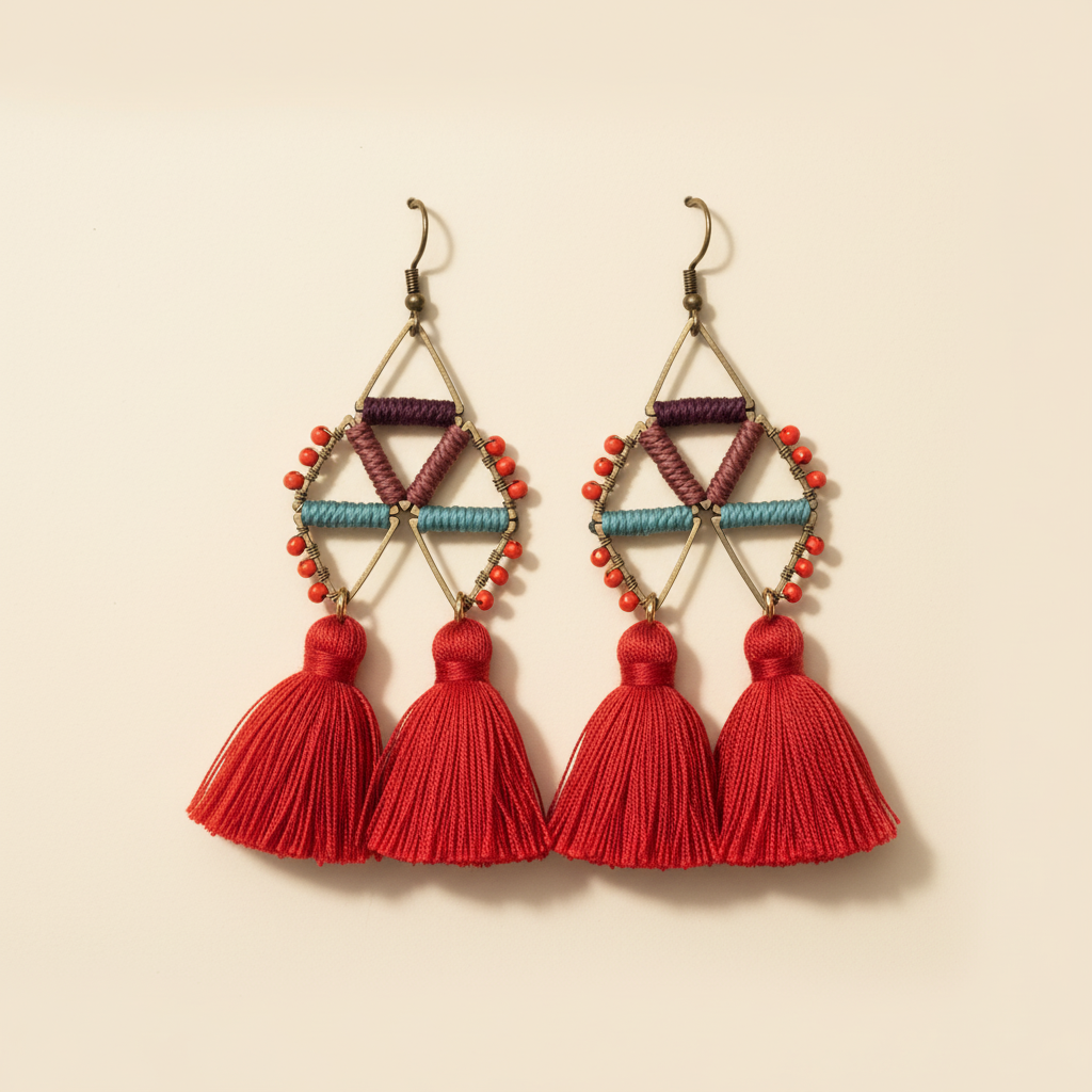 Bright burnt-orange earrings on a warm cream background