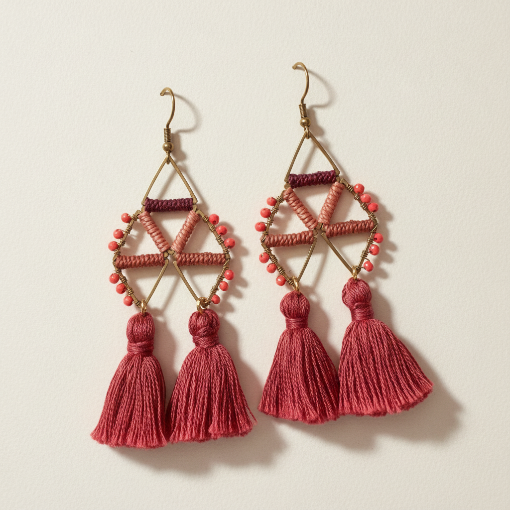Professionally retouched soft burgundy Barrilete earrings