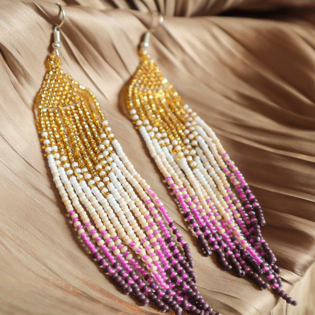 Beaded Chandelier Earrings - Gold, White and Purples