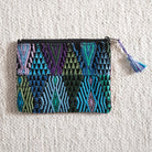  Blue, green and purple geometric huipil coin pouch with black zipper and blue-purple tassel.