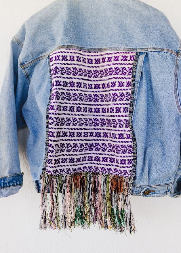 Biker Denim Jacket with Vintage Huipil - Tesoros Maya