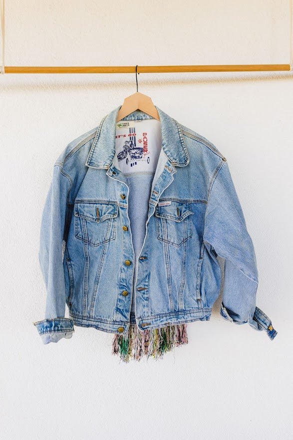 Biker Denim Jacket with Vintage Huipil - Tesoros Maya