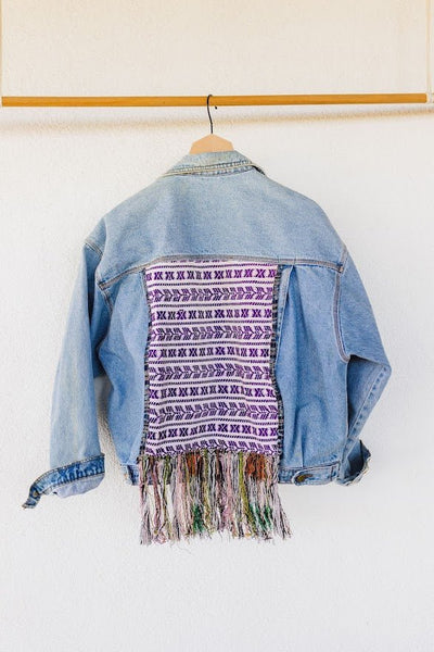 Biker Denim Jacket with Vintage Huipil - Tesoros Maya