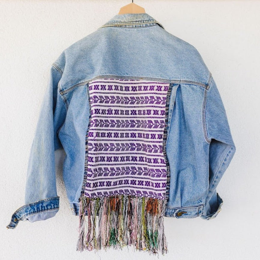 Biker Denim Jacket with Vintage Huipil - Tesoros Maya