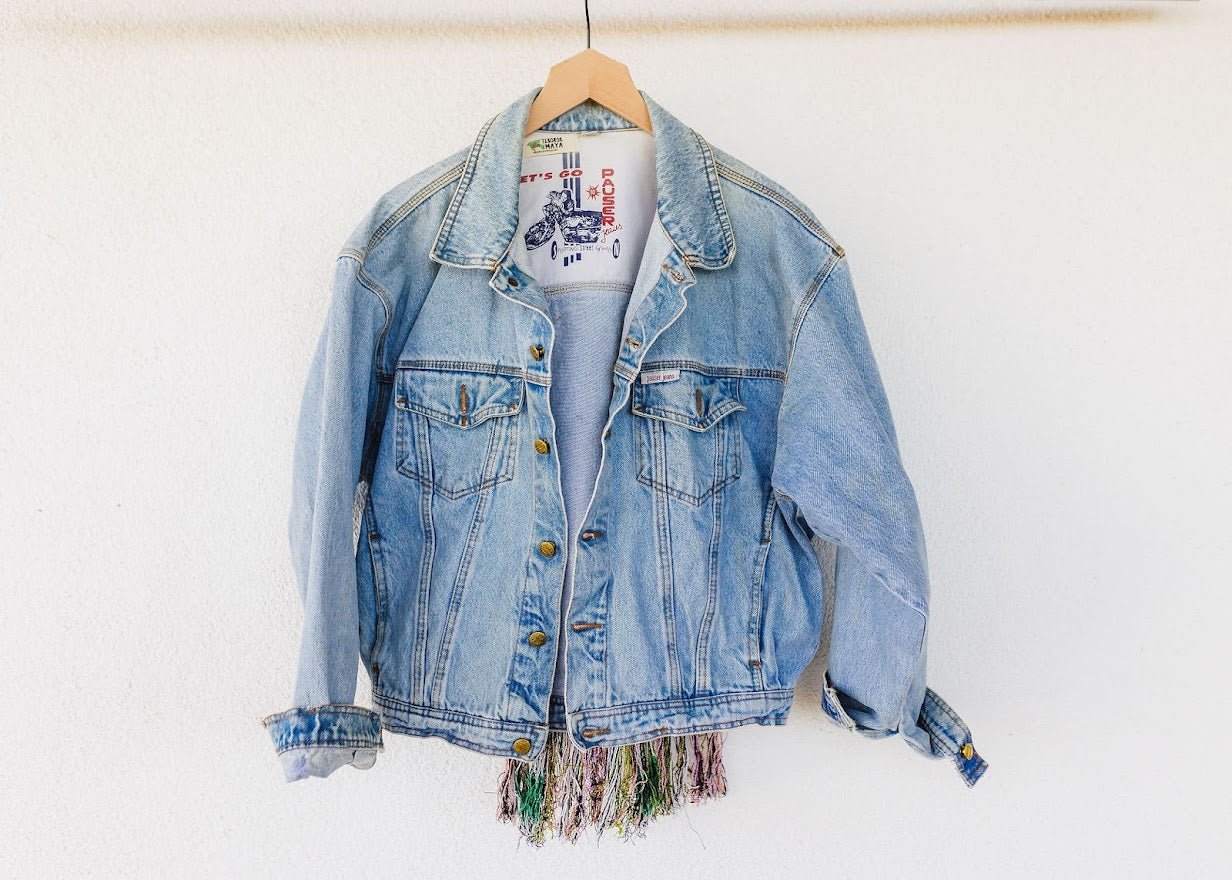 Biker Denim Jacket with Vintage Huipil - Tesoros Maya