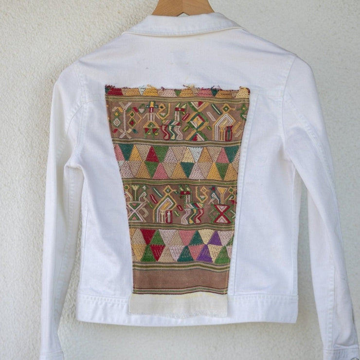 Classic Denim Jacket in White with Vintage Huipil - Tesoros Maya