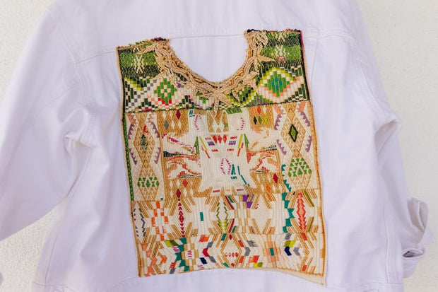 Cropped White-Wash Jean Jacket for Women with Vintage Huipil -XL - Tesoros Maya