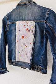 Denim Jacket with Vintage Huipil - Tesoros Maya