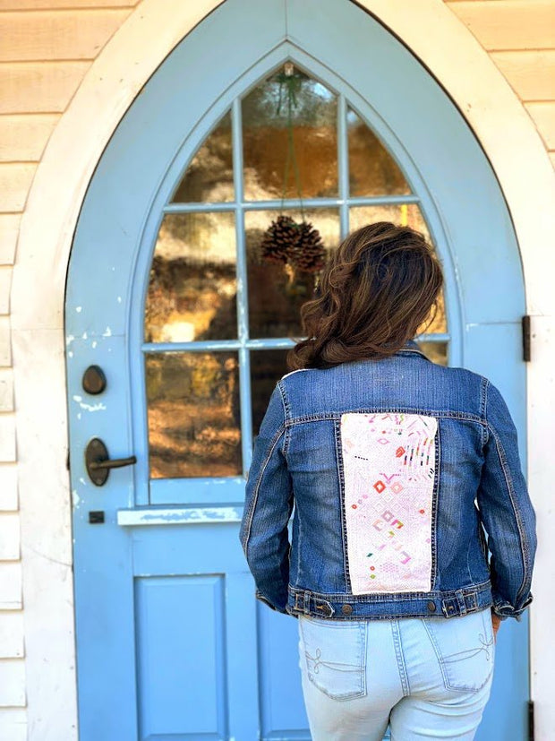 Denim Jacket with Vintage Huipil - Tesoros Maya