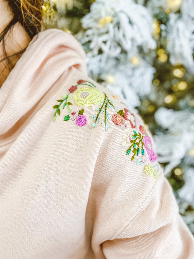 Floral Hand-embroidered Cropped Fleece Hoodie - Tesoros Maya