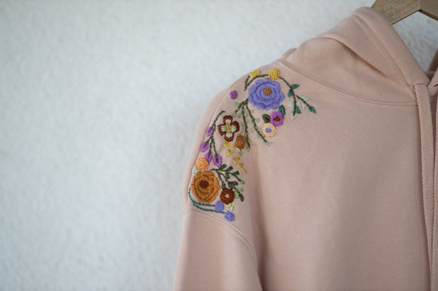 Floral Hand-embroidered Cropped Fleece Hoodie - Tesoros Maya