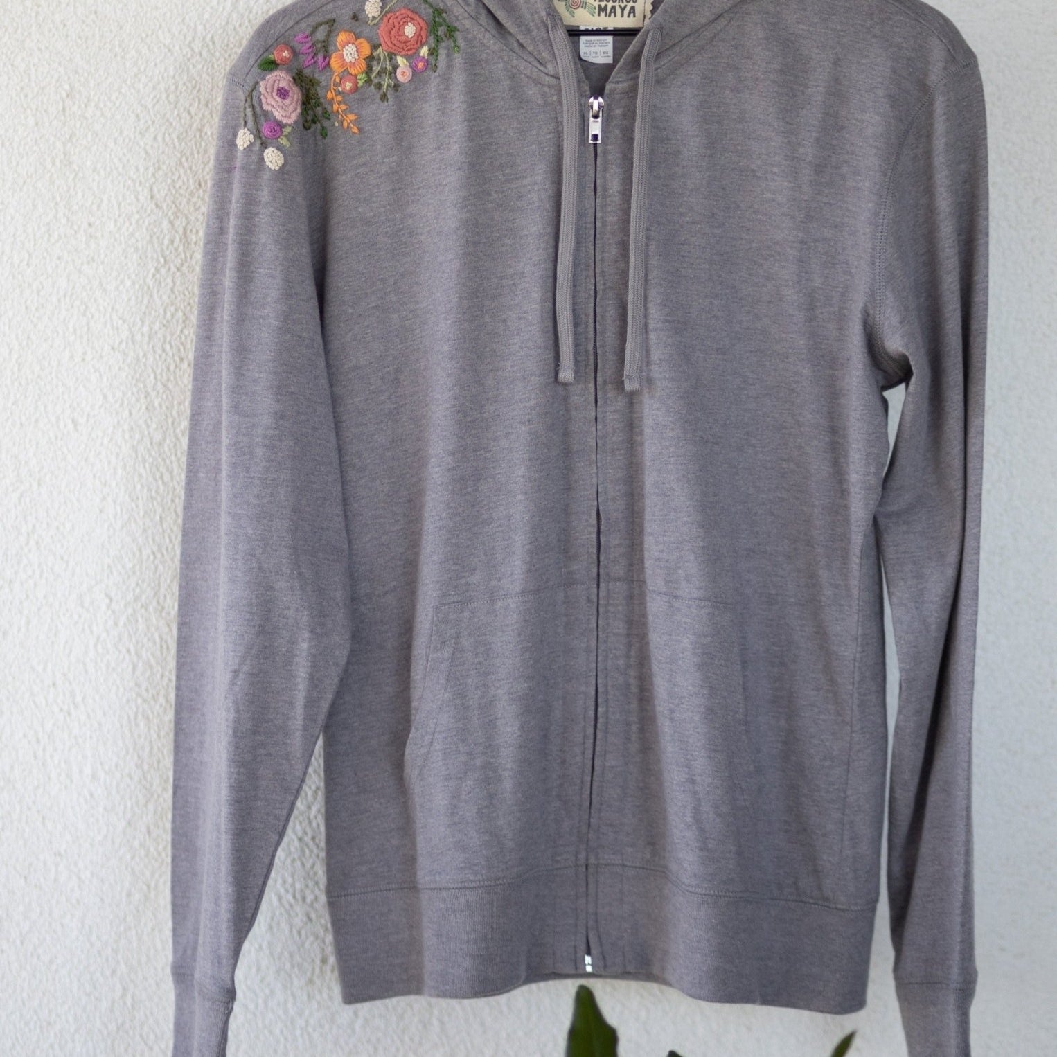 Floral Hand-embroidered Fitted Jersey Full-Zip Hoodie - Tesoros Maya