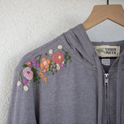 Floral Hand-embroidered Fitted Jersey Full-Zip Hoodie - Tesoros Maya