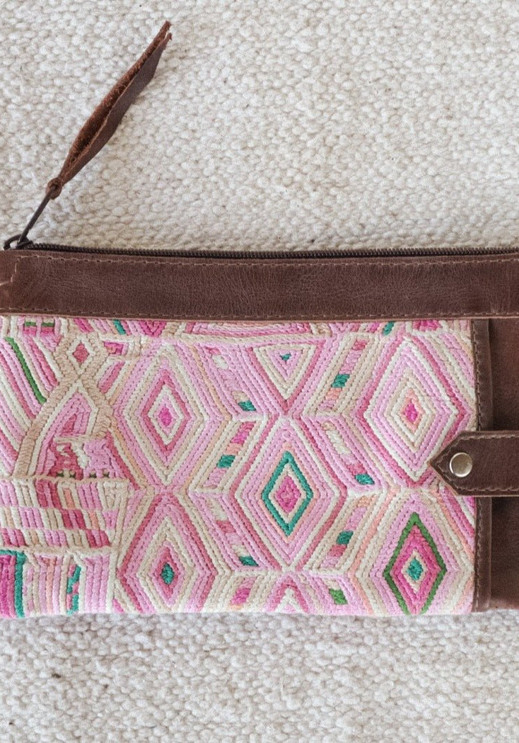 Leather +Vintage Textile Crossbody Clutch - Tesoros Maya
