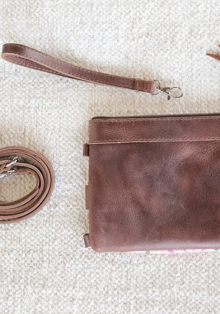 Leather +Vintage Textile Crossbody Clutch - Tesoros Maya
