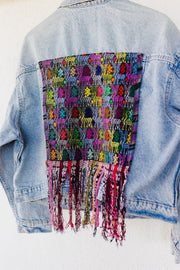 Oversized Cropped Light Wash Rigid Denim Jean Jacket with Vintage Huipil - Tesoros Maya