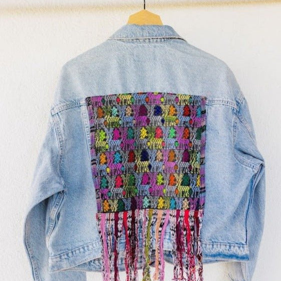 Oversized Cropped Light Wash Rigid Denim Jean Jacket with Vintage Huipil - Tesoros Maya
