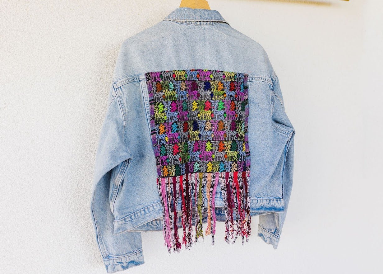 Oversized Cropped Light Wash Rigid Denim Jean Jacket with Vintage Huipil - Tesoros Maya